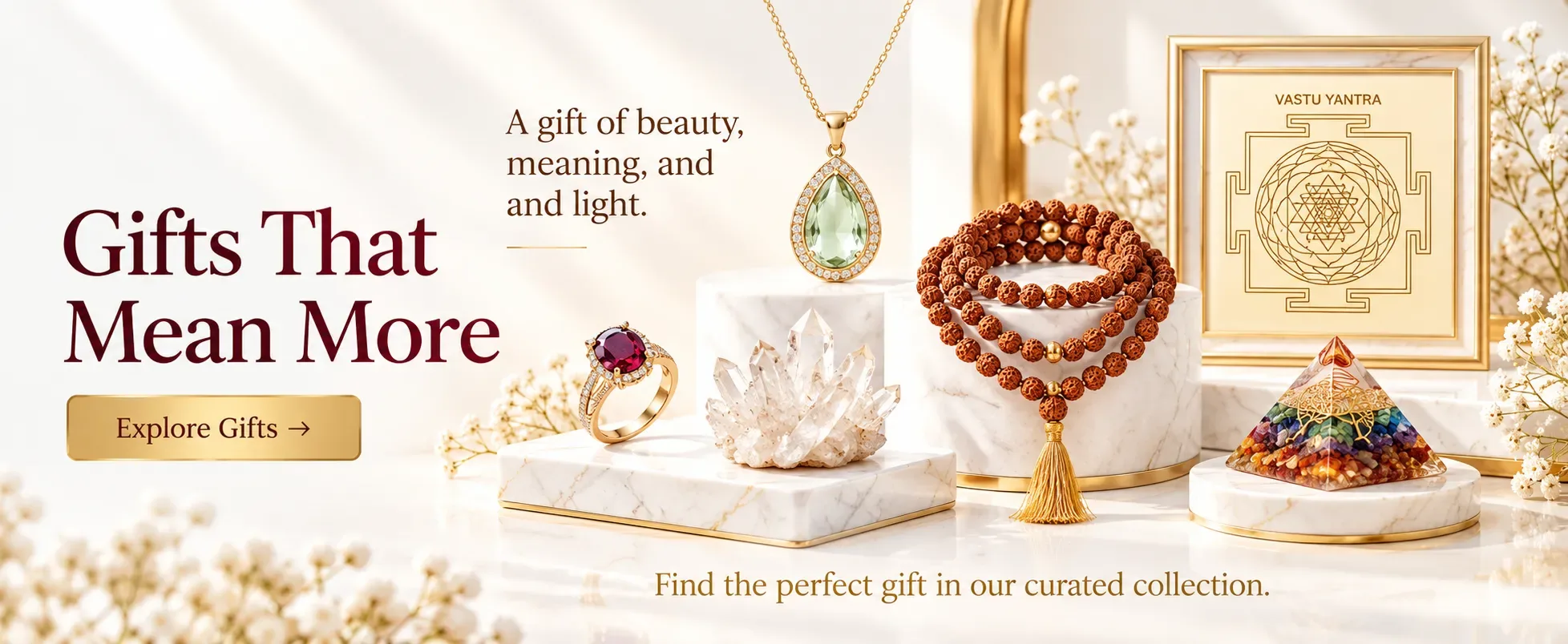 Spiritual gifts — Rudraksha mala, yantra, crystal and orgonite pyramid